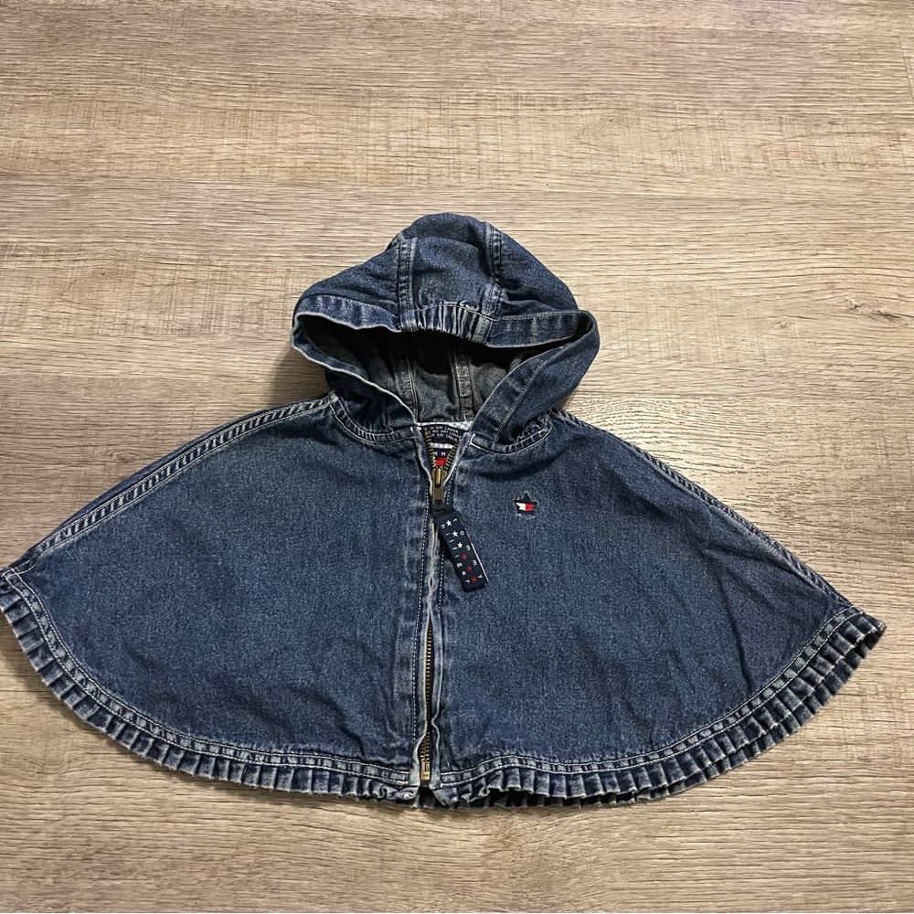 Tommy Hilfiger VINTAGE Toddler Girl Denim Hooded Cape Poncho Ruffle Edging 18/24